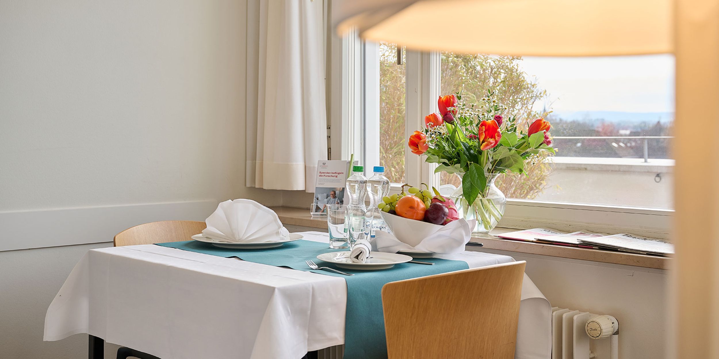 Ein gedeckter Tisch vor Fenster mit Ausblick