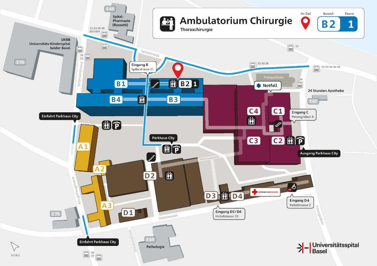 Lageplan der Thoraxchirurgie am Universitätsspital Basel