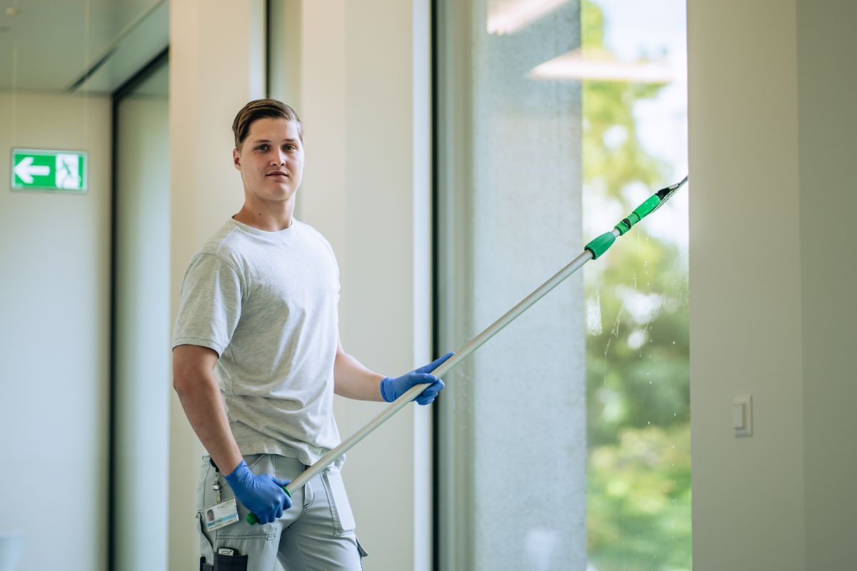 Gebäudereiniger in Ausbildung reinigt ein grosses Fenster