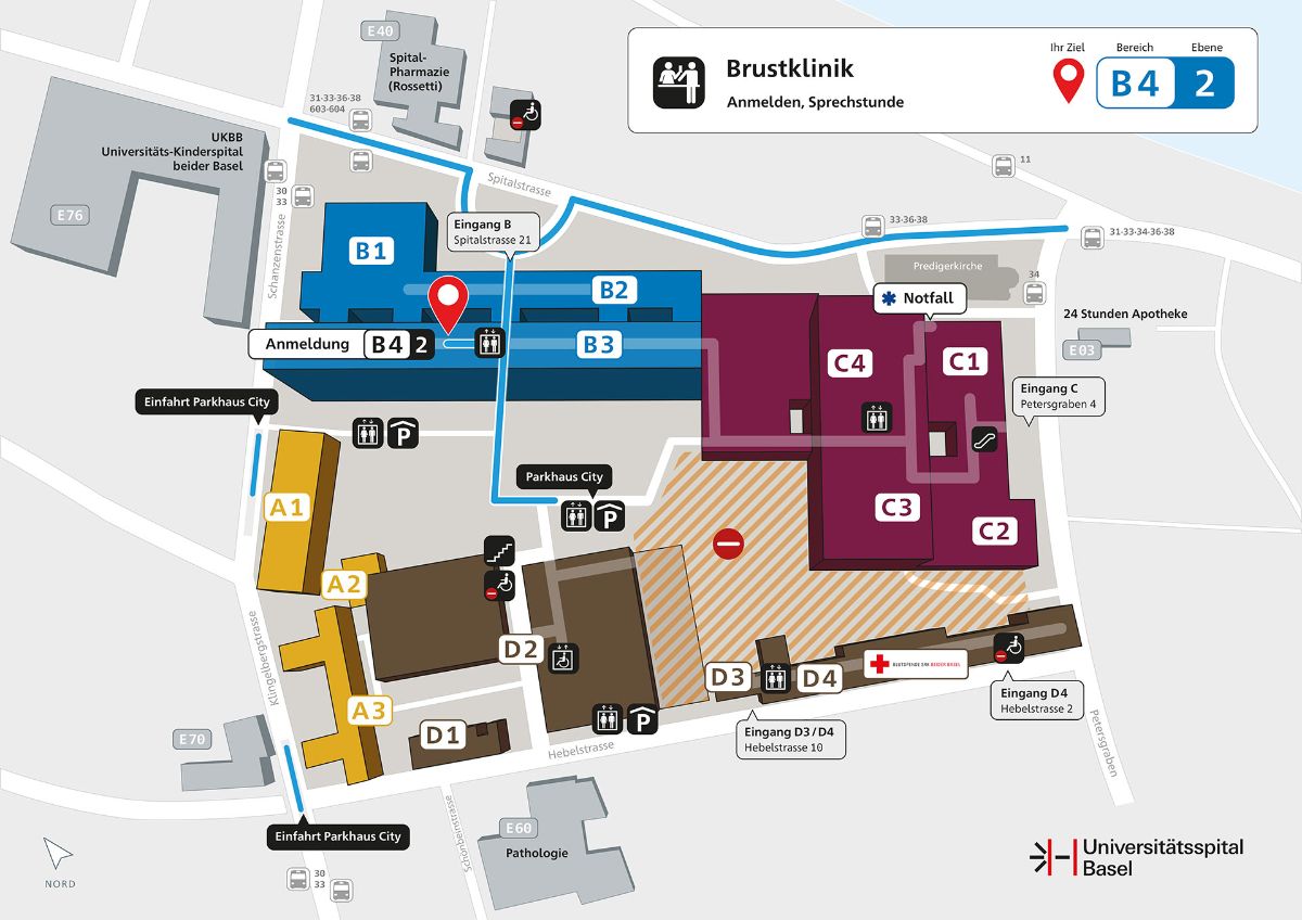 Signaletik-Karte mit Weg zum Brustzentrum