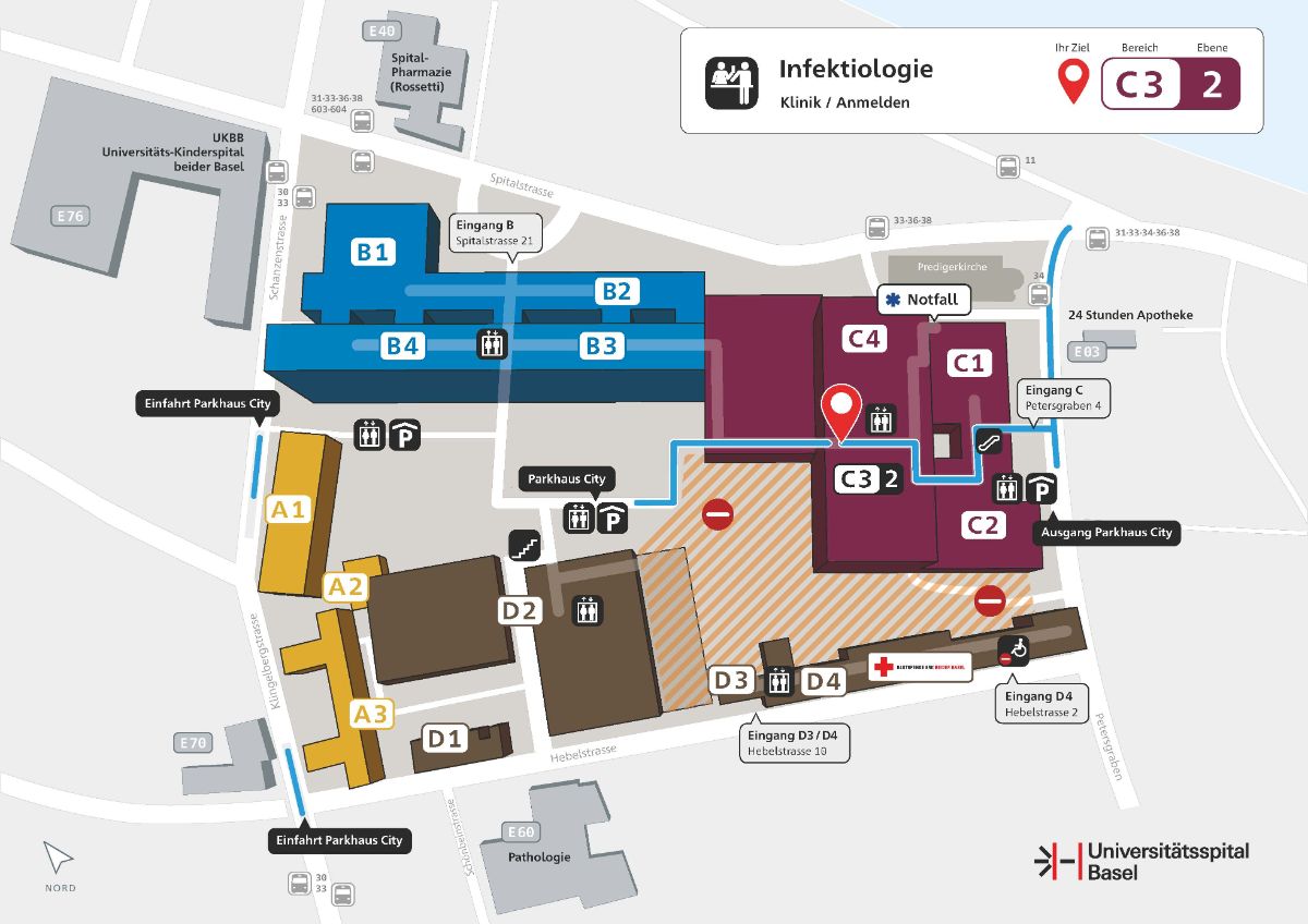Lageplan der Infektiologie und Spitalhygiene am USB