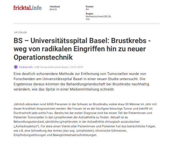 Eine deutlich schonendere Methode zur Entfernung von Tumorzellen wurde von Forschenden am Universitätsspital Basel in einer neuen Studie untersucht. Die Ergebnisse daraus könnten die Behandlungslandschaft bei Brustkrebs nachhaltig verändern, wie das Spital in einer Medienmitteilung schreibt.